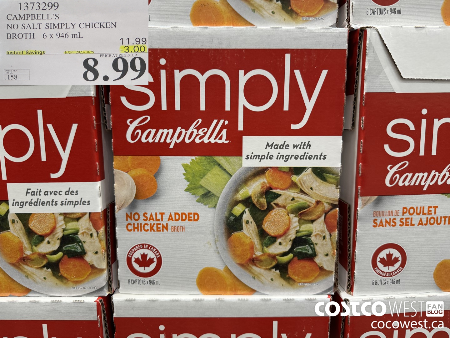1373299 CAMPBELL'S NO SALT SIMPLY CHICKEN BROTH 6 x 946 mL ($3.00 INSTANT SAVINGS EXPIRES ON 2023-10-29) $8.99