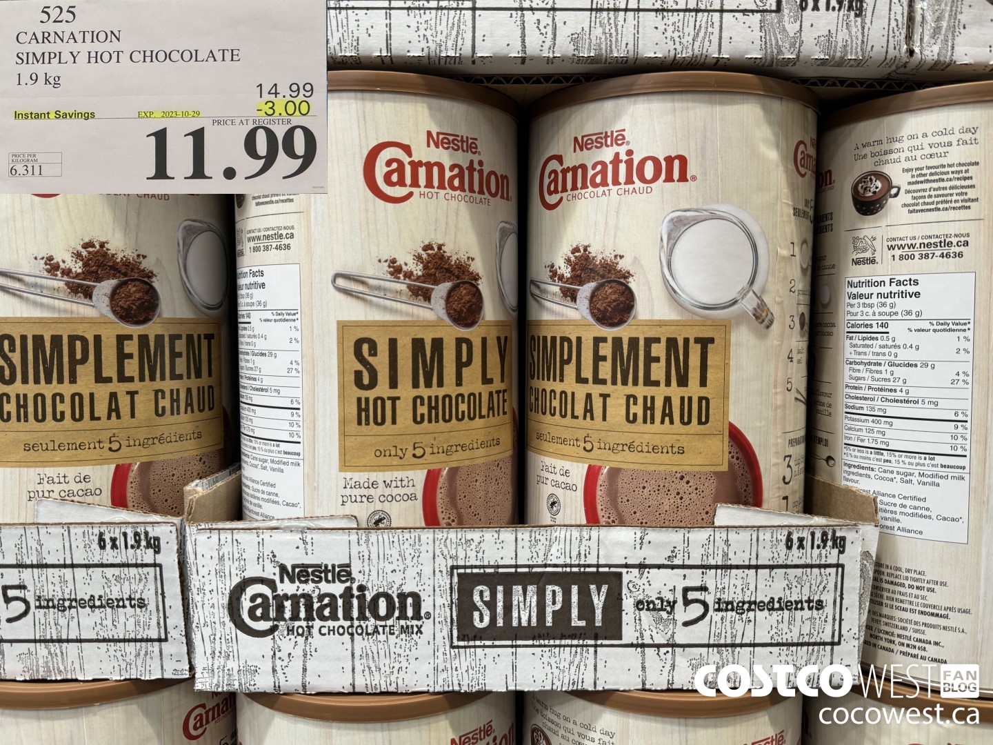 525 CARNATION 5 SIMPLE INGREDIENTS HOT CHOCOLATE 1.9 kg ($3.00 INSTANT SAVINGS EXPIRES ON 2023-10-29) $11.99