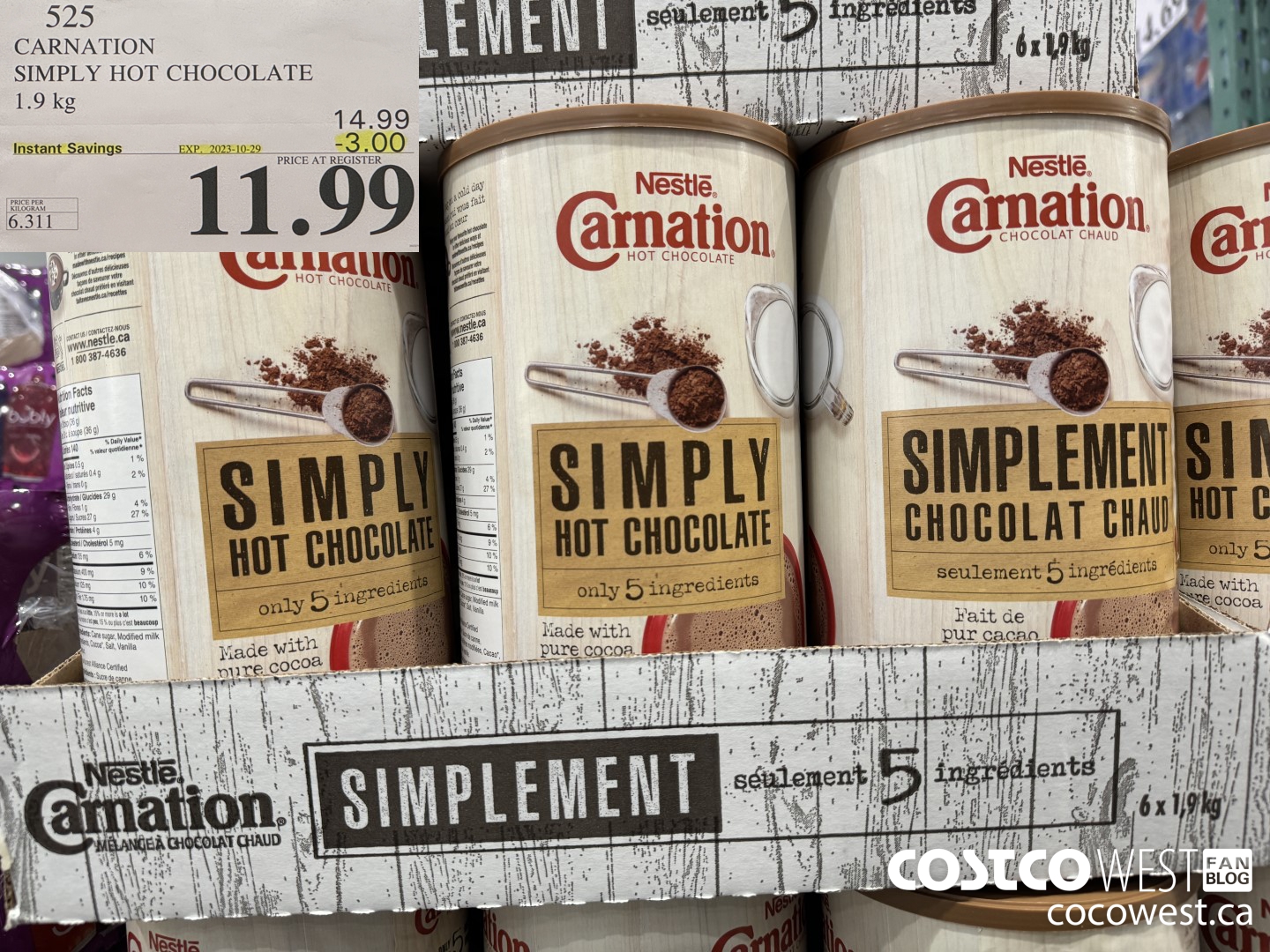 525 CARNATION 5 SIMPLE INGREDIENTS HOT CHOCOLATE 1.9 kg ($3.00 INSTANT SAVINGS EXPIRES ON 2023-10-29) $11.99