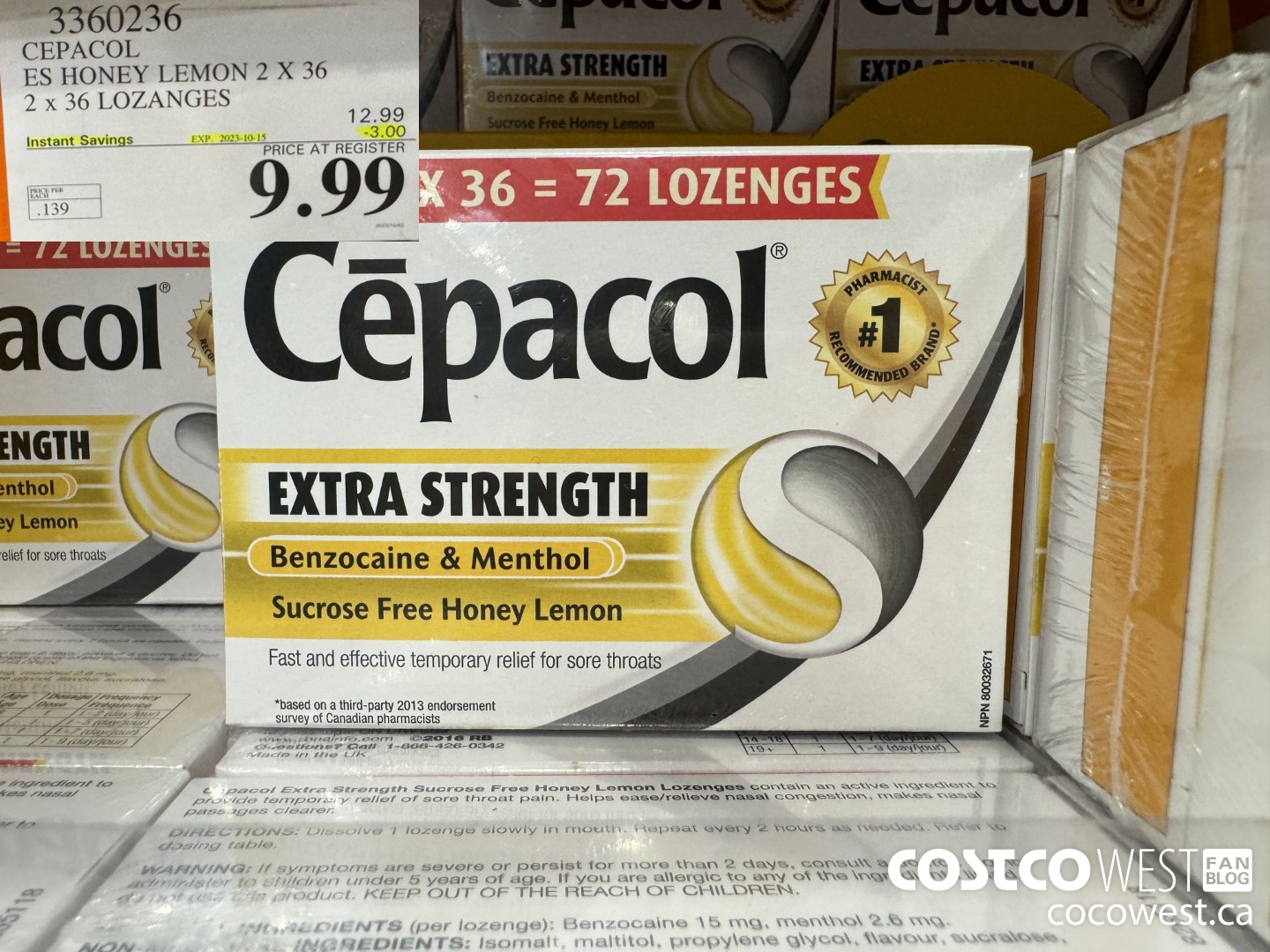 3360236 CEPACOL ES HONEY LEMON 2 X 36 LOZANGES ($3.00 INSTANT SAVINGS EXPIRES ON 2023-10-15) $9.99