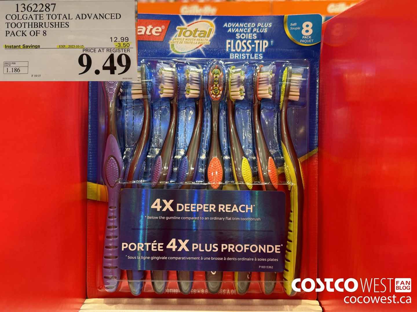 1362287 COLGATE TOTAL ADVANCED TOOTHBRUSHES PACK OF 8 ($3.50 INSTANT SAVINGS EXPIRES ON 2023-10-15) $9.49