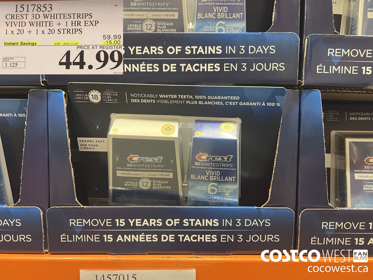 1517853 CREST 3D WHITESTRIPS VIVID WHITE + 1 HR EXP 1 x 20 + 1 x 20 STRIPS ($15.00 INSTANT SAVINGS EXPIRES ON 2023-11-05) $44.99