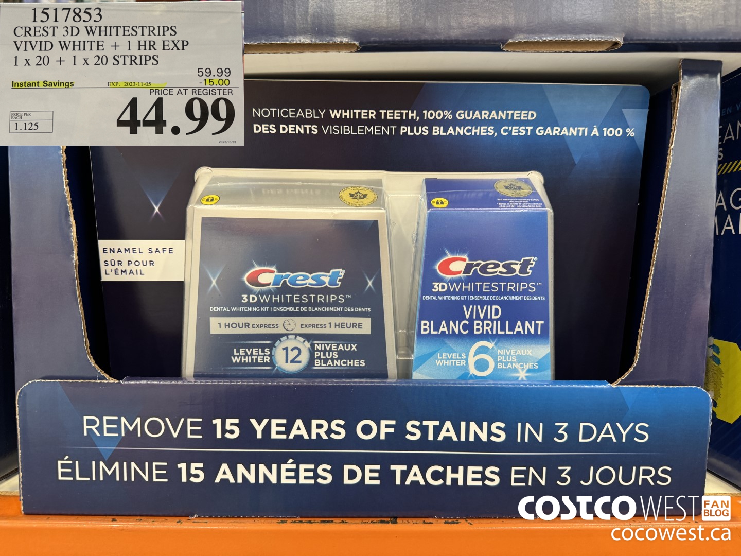 1517853 CREST 3D WHITESTRIPS VIVID WHITE + 1 HR EXP 1 x 20 + 1 x 20 STRIPS ($15.00 INSTANT SAVINGS EXPIRES ON 2023-11-05) $44.99