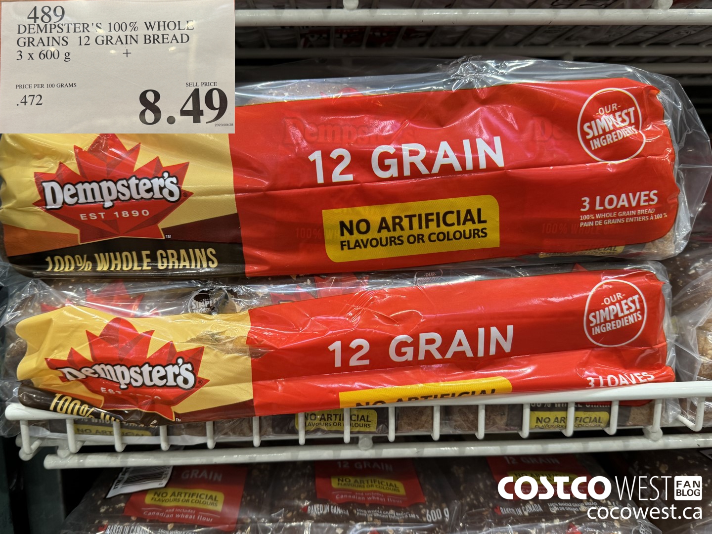 489 DEMPSTER'S 100% WHOLE GRAINS 12 GRAIN BREAD 3 X 600 G $8.49