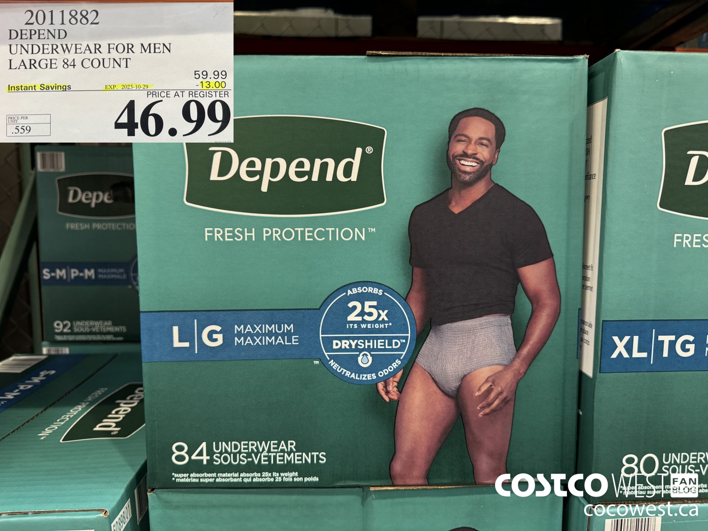 2011882 DEPEND UNDERWEAR FOR MEN LARGE 84 COUNT ($13.00 INSTANT SAVINGS EXPIRES ON 2023-10-29) $46.99