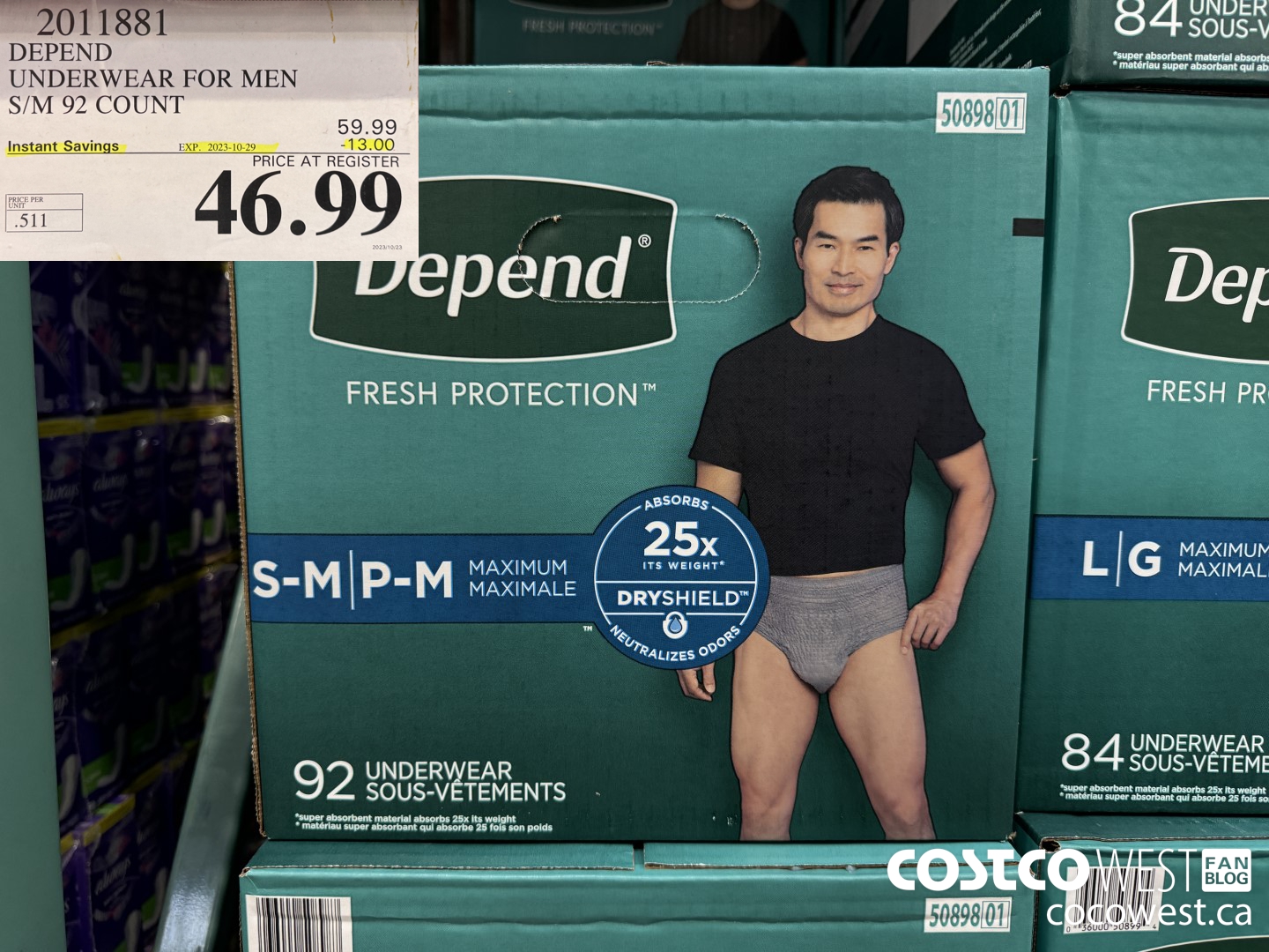 2011881 DEPEND UNDERWEAR FOR MEN S/M 92 COUNT ($13.00 INSTANT SAVINGS EXPIRES ON 2023-10-29) $46.99