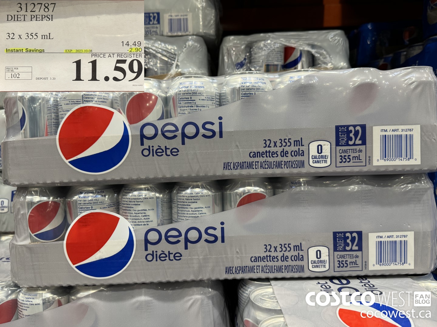 312787 DIET PEPSI 32 X 355 ML ($2.90 INSTANT SAVINGS EXPIRES ON 2023-10-08) $11.59