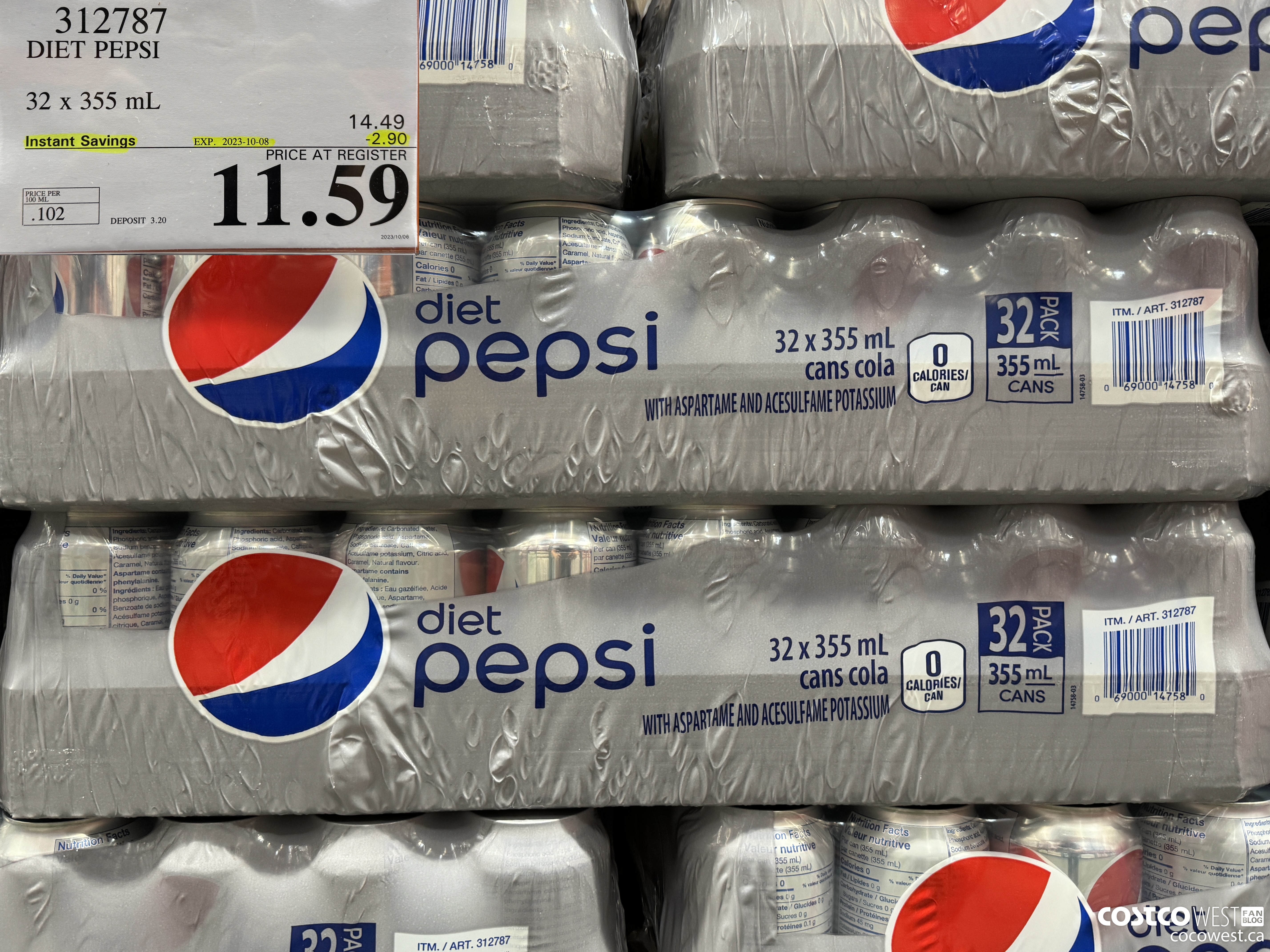 312787 DIET PEPSI 32 X 355 ML ($2.90 INSTANT SAVINGS EXPIRES ON 2023-10-08) $11.59
