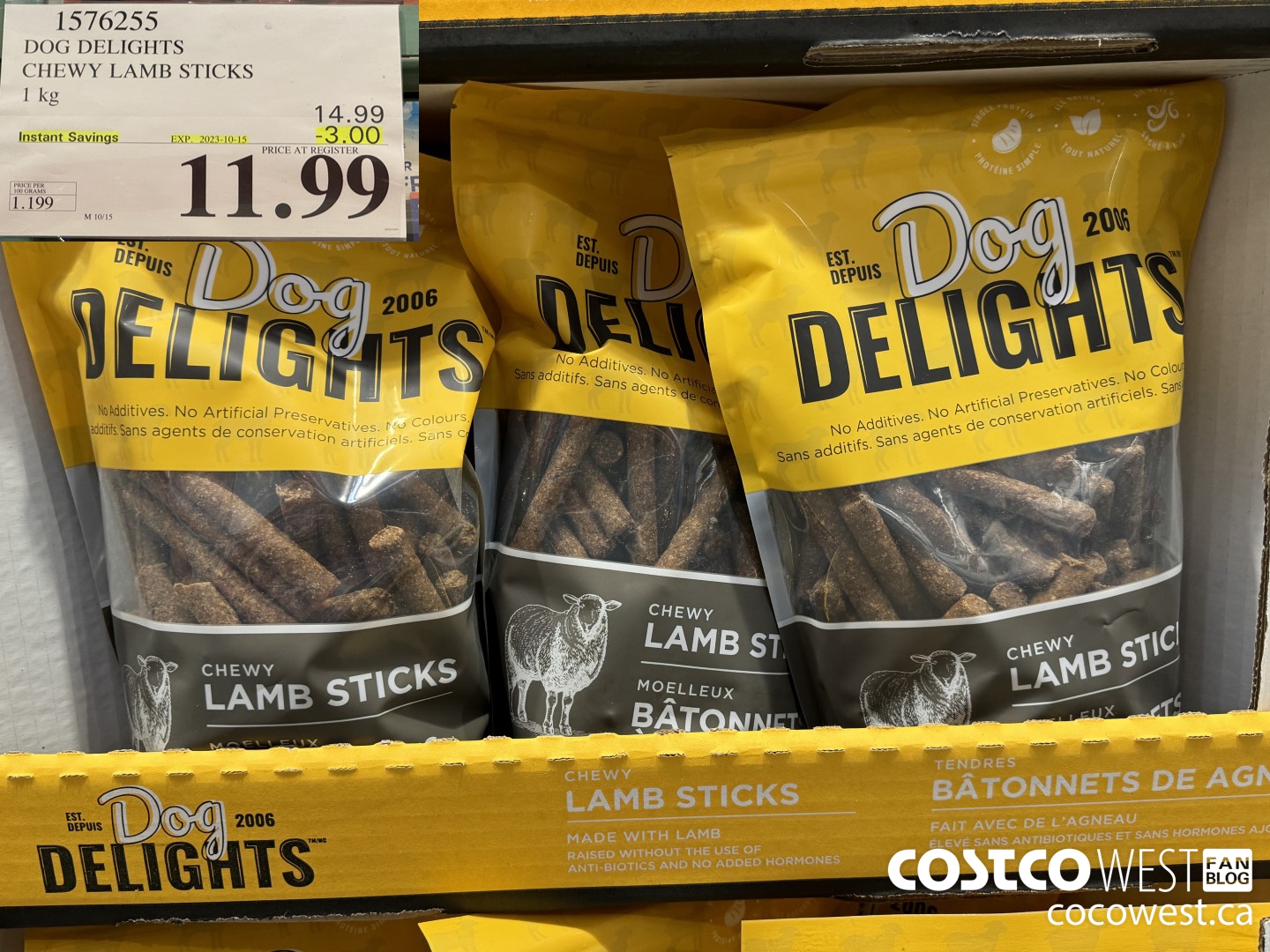 1576255 DOG DELIGHTS CHEWY LAMB STICKS 1 kg ($3.00 INSTANT SAVINGS EXPIRES ON 2023-10-15) $11.99
