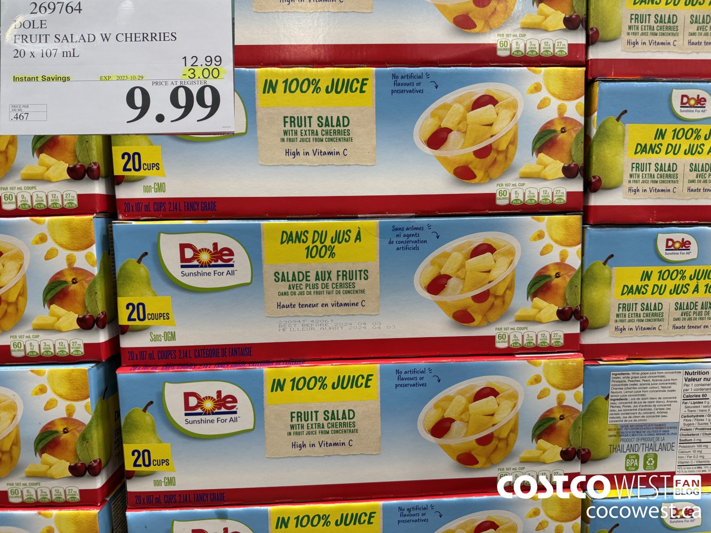 269764 DOLE FRUIT SALAD W CHERRIES 20 x 107 mL ($3.00 INSTANT SAVINGS EXPIRES ON 2023-10-29) $9.99