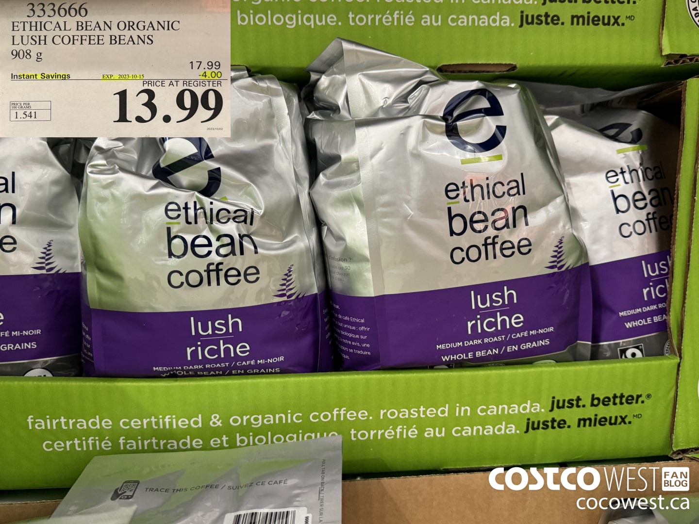 333666 ETHICAL BEAN ORGANIC LUSH COFFEE BEANS 908 g ($4.00 INSTANT SAVINGS EXPIRES ON 2023-10-15) $13.99