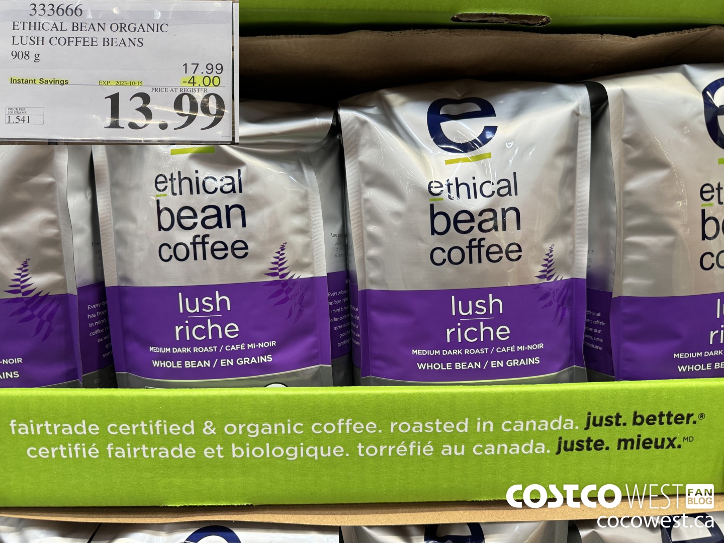 333666 ETHICAL BEAN ORGANIC LUSH COFFEE BEANS 908 g ($4.00 INSTANT SAVINGS EXPIRES ON 2023-10-15) $13.99