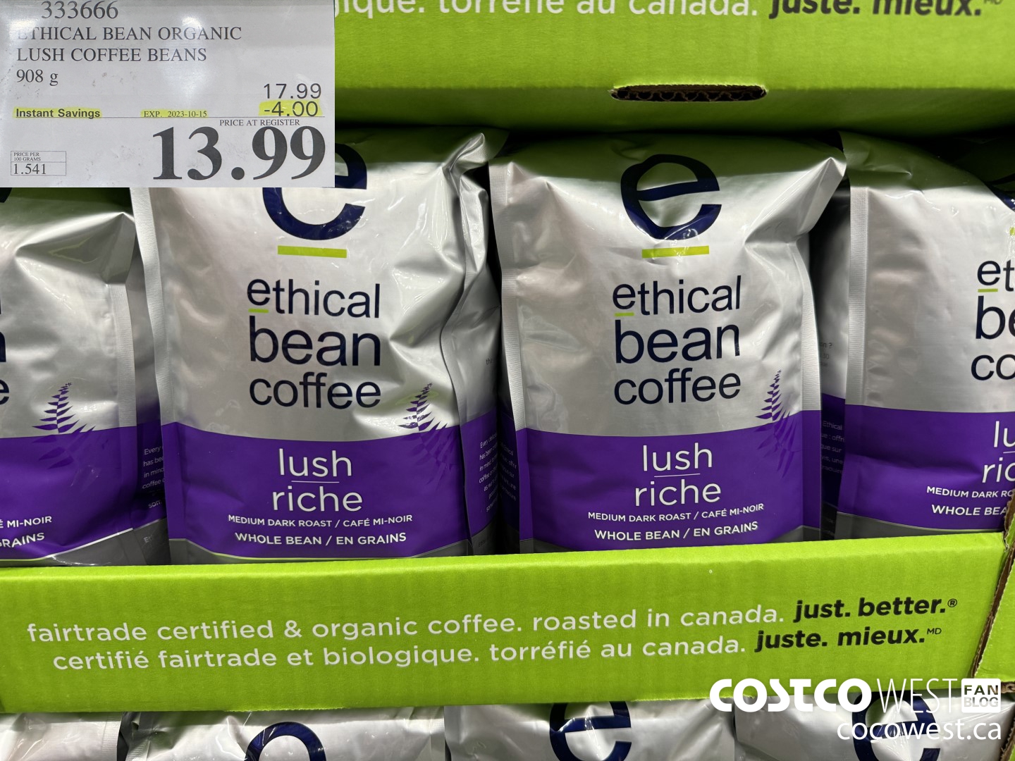 333666 ETHICAL BEAN ORGANIC LUSH COFFEE BEANS 908 g ($4.00 INSTANT SAVINGS EXPIRES ON 2023-10-15) $13.99