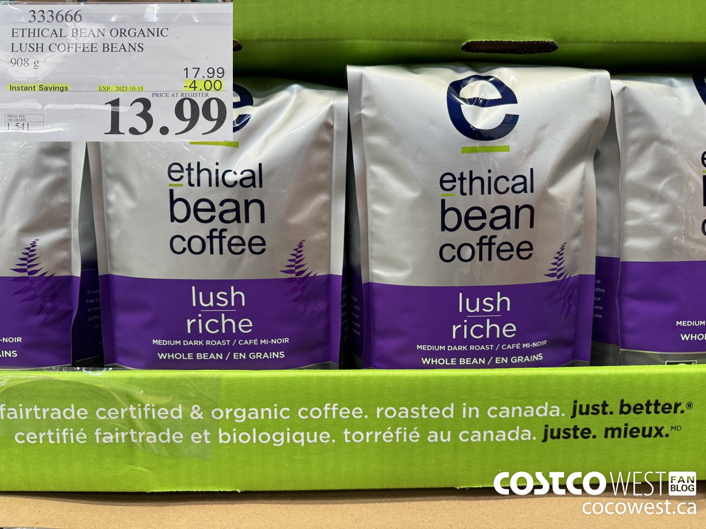 333666 ETHICAL BEAN ORGANIC LUSH COFFEE BEANS 908 g ($4.00 INSTANT SAVINGS EXPIRES ON 2023-10-15) $13.99
