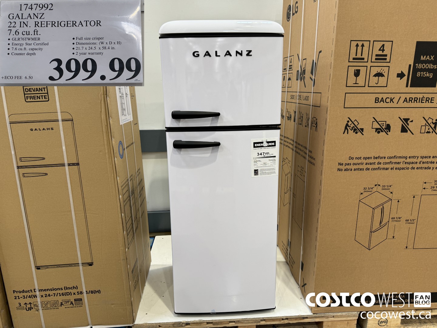 1747992 GALANZ 22 IN. REFRIGERATOR 7.6 CU. FT. $399.99