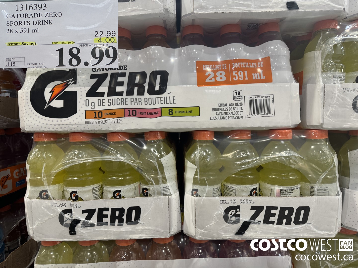 1316393 GATORADE ZERO SPORTS DRINK 28 x 591 ml ($4.00 INSTANT SAVINGS EXPIRES ON 2023-10-29) $18.99