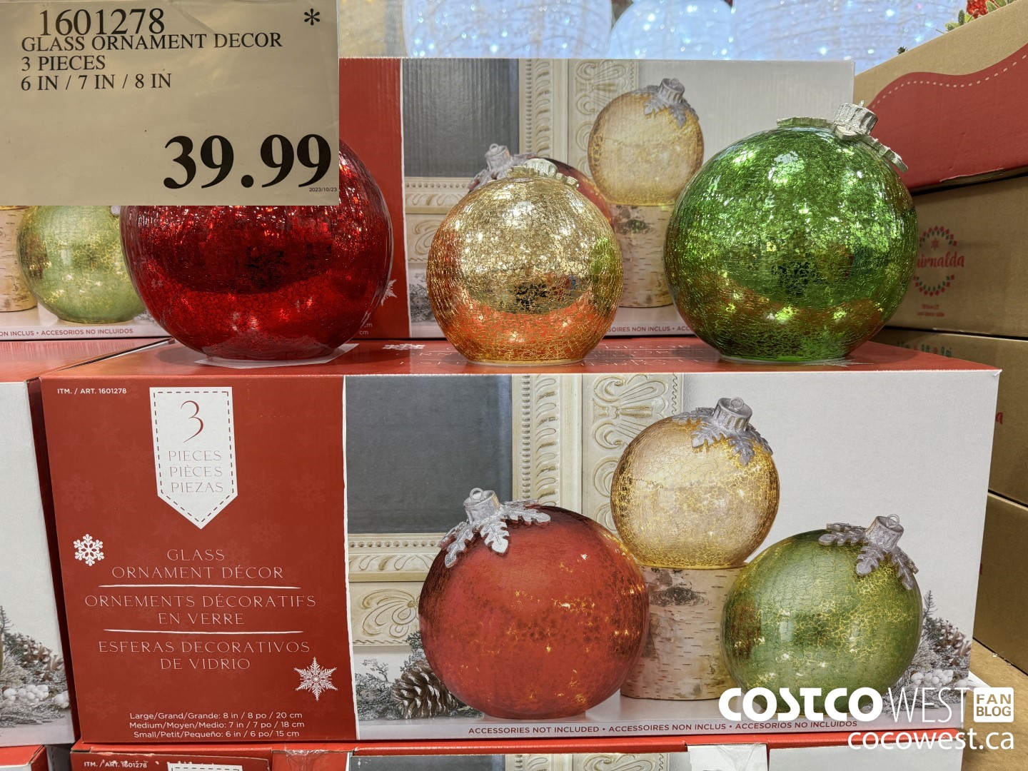 1601278 GLASS ORNAMENT DECOR 3 PIECES 6 IN / 7 IN / 8 IN $39.99