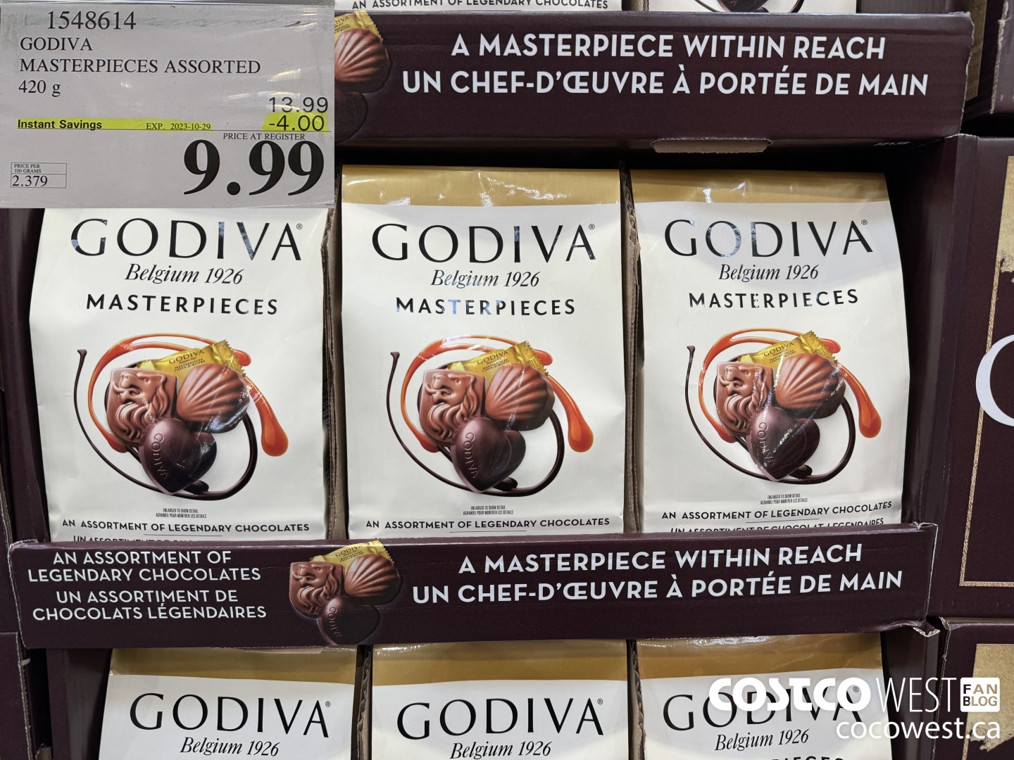 1548614 GODIVA MASTERPIECES ASSORTED 420 g ($4.00 INSTANT SAVINGS EXPIRES ON 2023-10-29) $9.99