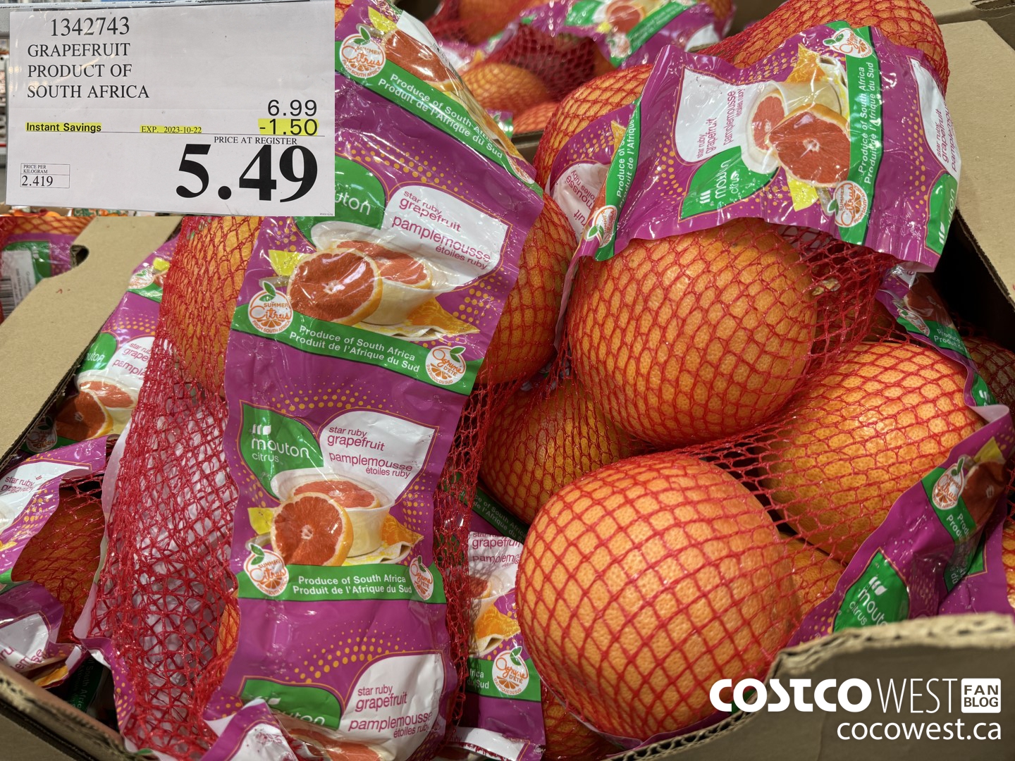 1342743 GRAPEFRUIT PRODUCT OF SOUTH AFRICA ($1.50 INSTANT SAVINGS EXPIRES ON 2023-10-22) $5.49