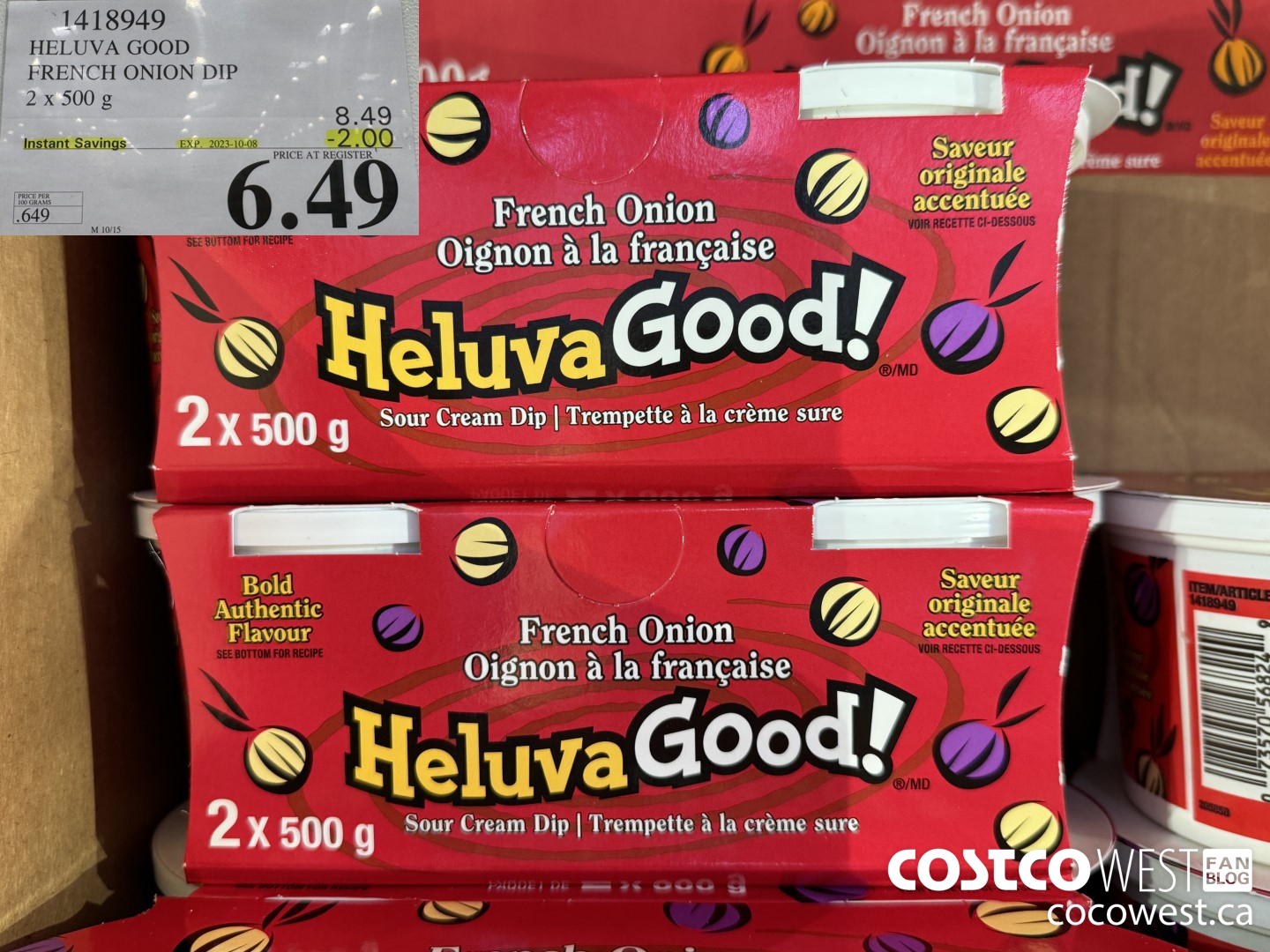 1418949 HELUVA GOOD FRENCH ONION DIP 2 x 500g ($2.00 INSTANT SAVINGS EXPIRES ON 2023-10-08) $6.49