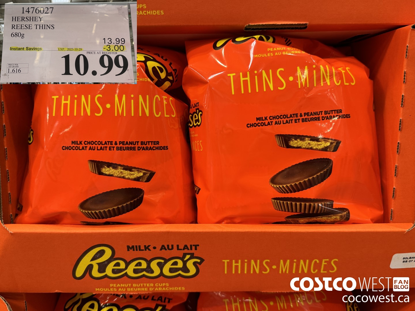 1476027 HERSHEY REESE THINS 680g ($3.00 INSTANT SAVINGS EXPIRES ON 2023-10-29) $10.99