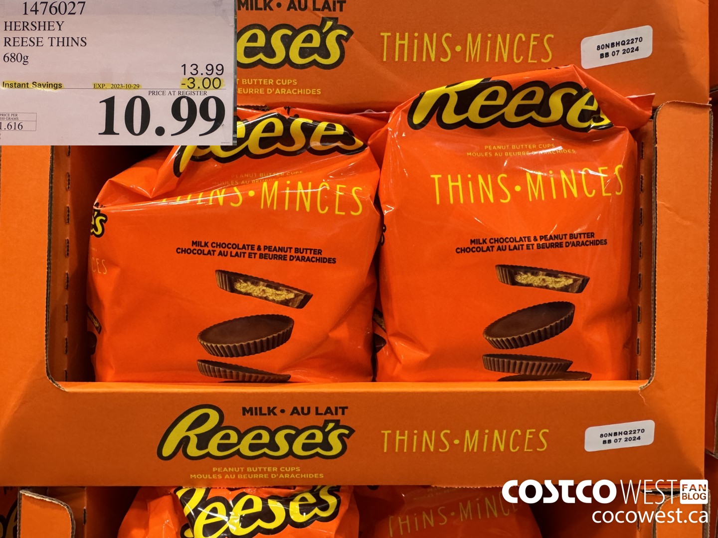 1476027 HERSHEY REESE THINS 680g ($3.00 INSTANT SAVINGS EXPIRES ON 2023-10-29) $10.99