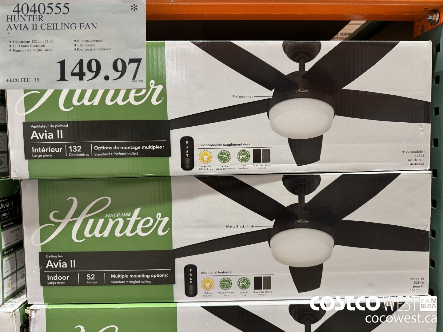 4040555 HUNTER AVIA II CEILING FAN $149.97