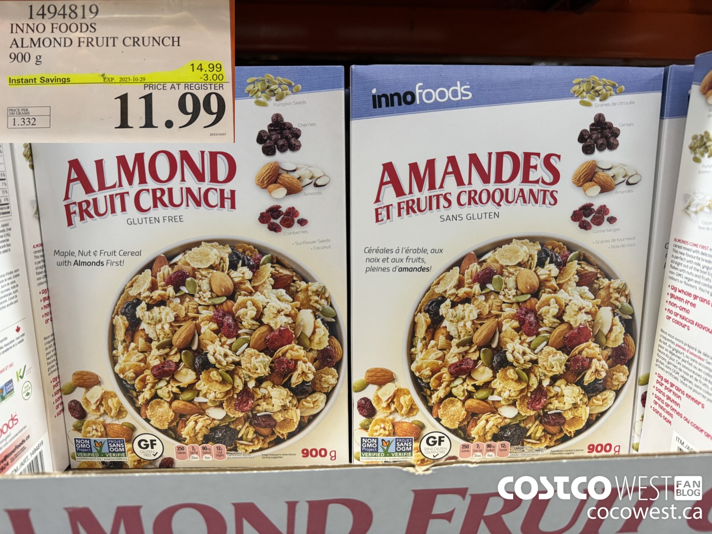 1494819 INNO FOODS ALMOND FRUIT CRUNCH 900 g ($3.00 INSTANT SAVINGS EXPIRES ON 2023-10-29) $11.99