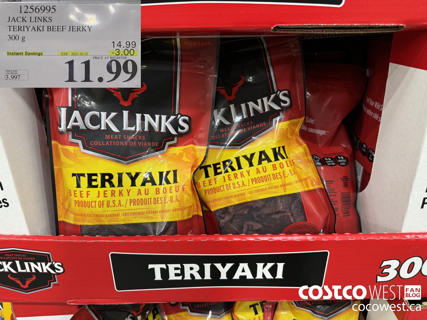 1256995 JACK LINKS TERIYAKI BEEF JERKY 300g ($3.00 INSTANT SAVINGS EXPIRES ON 2023-10-15) $11.99