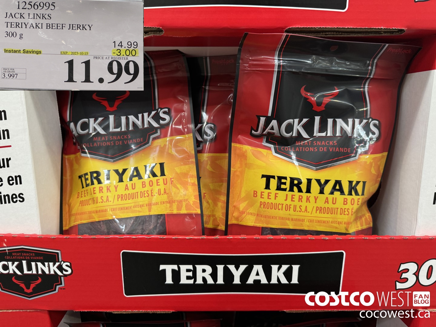 1256995 JACK LINKS TERIYAKI BEEF JERKY 300g ($3.00 INSTANT SAVINGS EXPIRES ON 2023-10-15) $11.99
