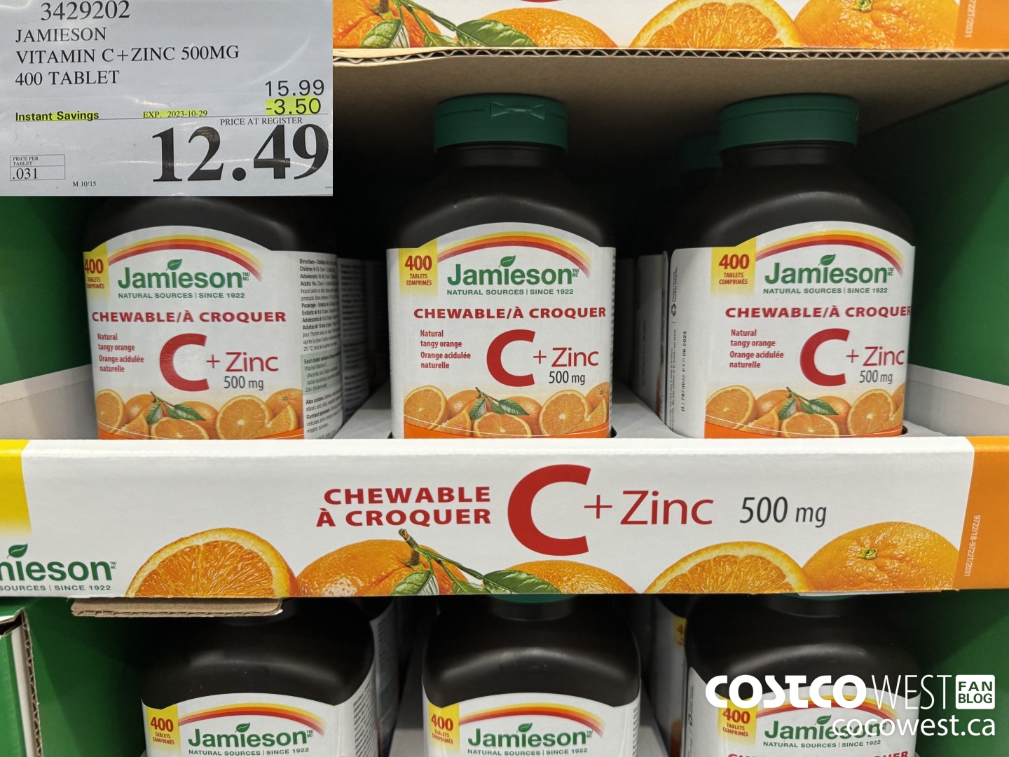 3429202 JAMIESON VITAMIN C+ZINC 500MG 400 TABLET ($3.50 INSTANT SAVINGS EXPIRES ON 2023-10-29) $12.49