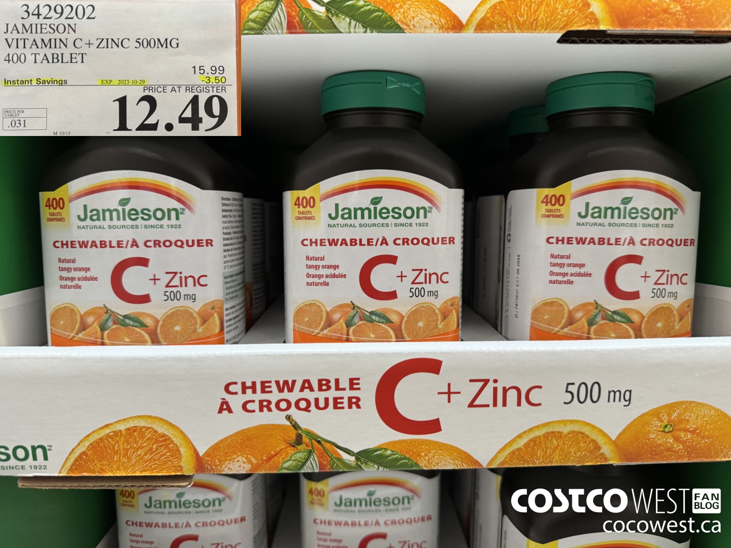 3429202 JAMIESON VITAMIN C+ZINC 500MG 400 TABLET ($3.50 INSTANT SAVINGS EXPIRES ON 2023-10-29) $12.49