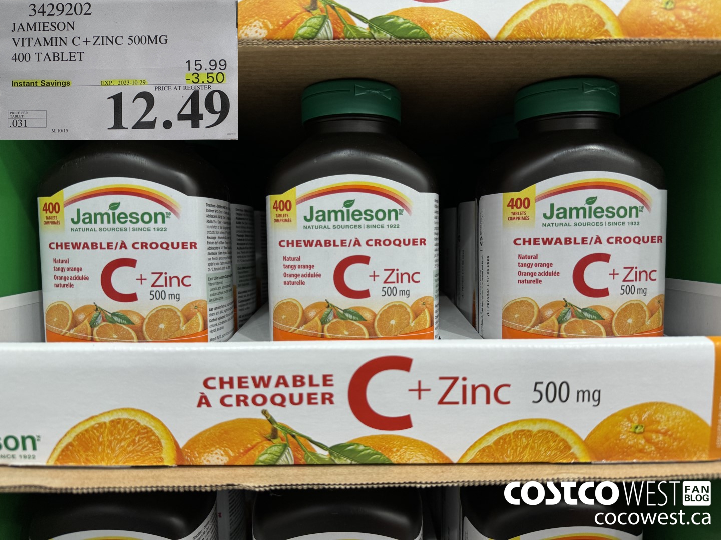 3429202 JAMIESON VITAMIN C+ZINC 500MG 400 TABLET ($3.50 INSTANT SAVINGS EXPIRES ON 2023-10-29) $12.49