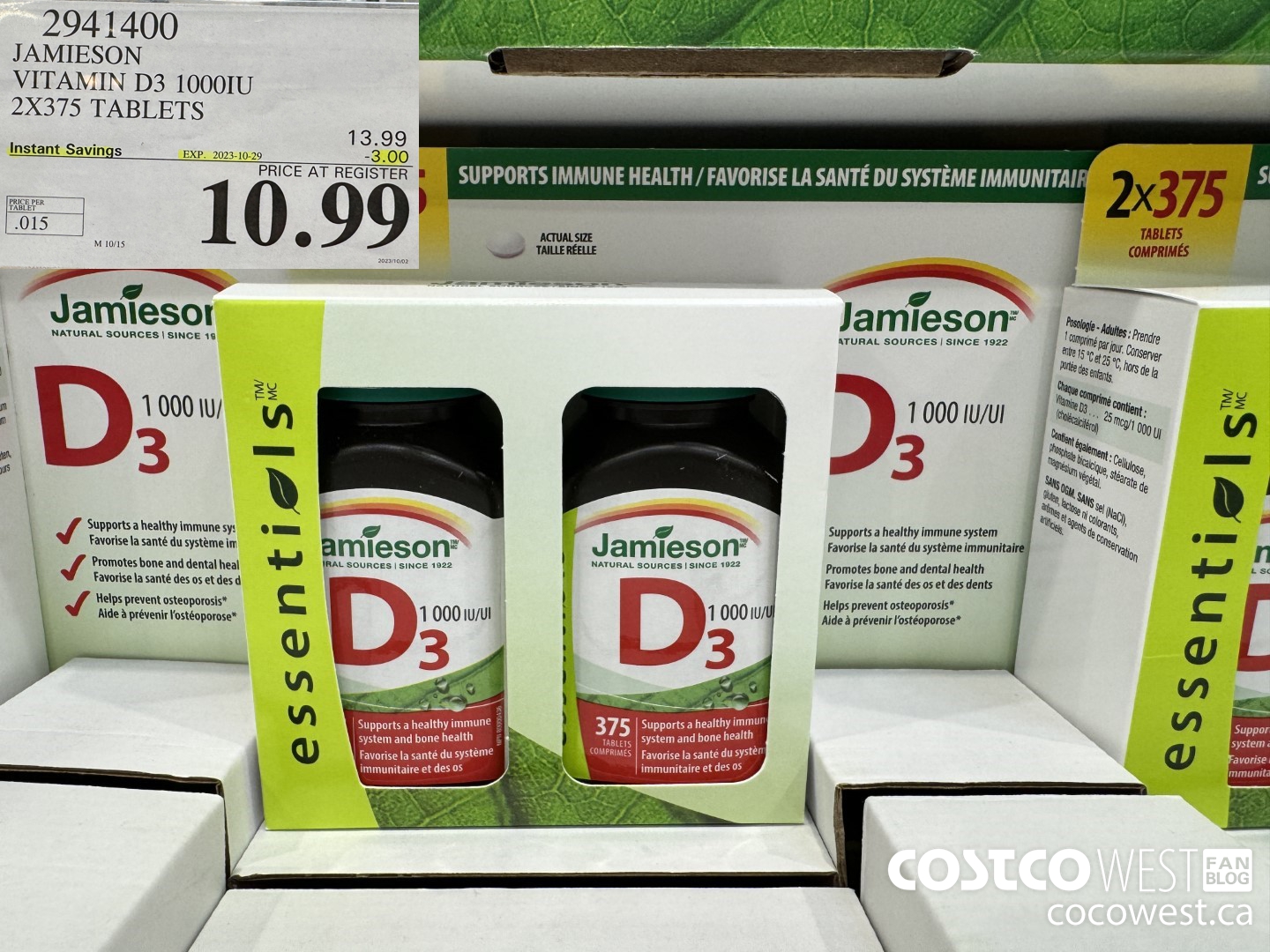2941400 JAMIESON VITAMIN D3 1000IU 2X375 TABLETS ($3.00 INSTANT SAVINGS EXPIRES ON 2023-10-29) $10.99