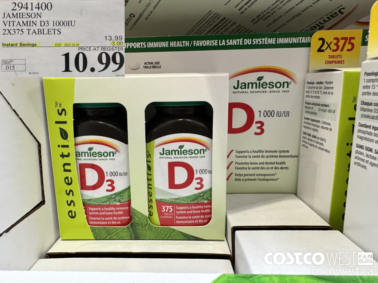 2941400 JAMIESON VITAMIN D3 1000IU 2X375 TABLETS ($3.00 INSTANT SAVINGS EXPIRES ON 2023-10-29) $10.99