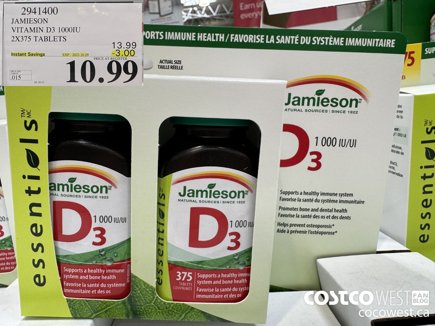 2941400 JAMIESON VITAMIN D3 1000IU 2X375 TABLETS ($3.00 INSTANT SAVINGS EXPIRES ON 2023-10-29) $10.99
