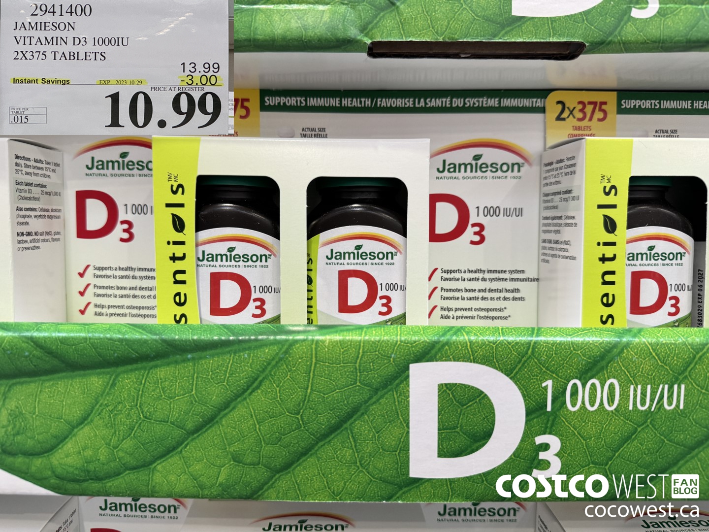 2941400 JAMIESON VITAMIN D3 1000IU 2X375 TABLETS ($3.00 INSTANT SAVINGS EXPIRES ON 2023-10-29) $10.99