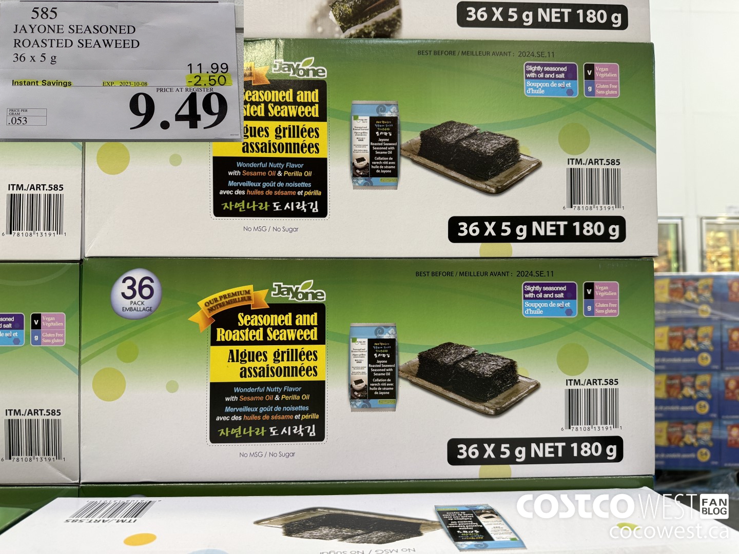 585 JAYONE SEASONED ROASTED SEAWEED 36x5 g ($2.50 INSTANT SAVINGS EXPIRES ON 2023-10-08) $9.49