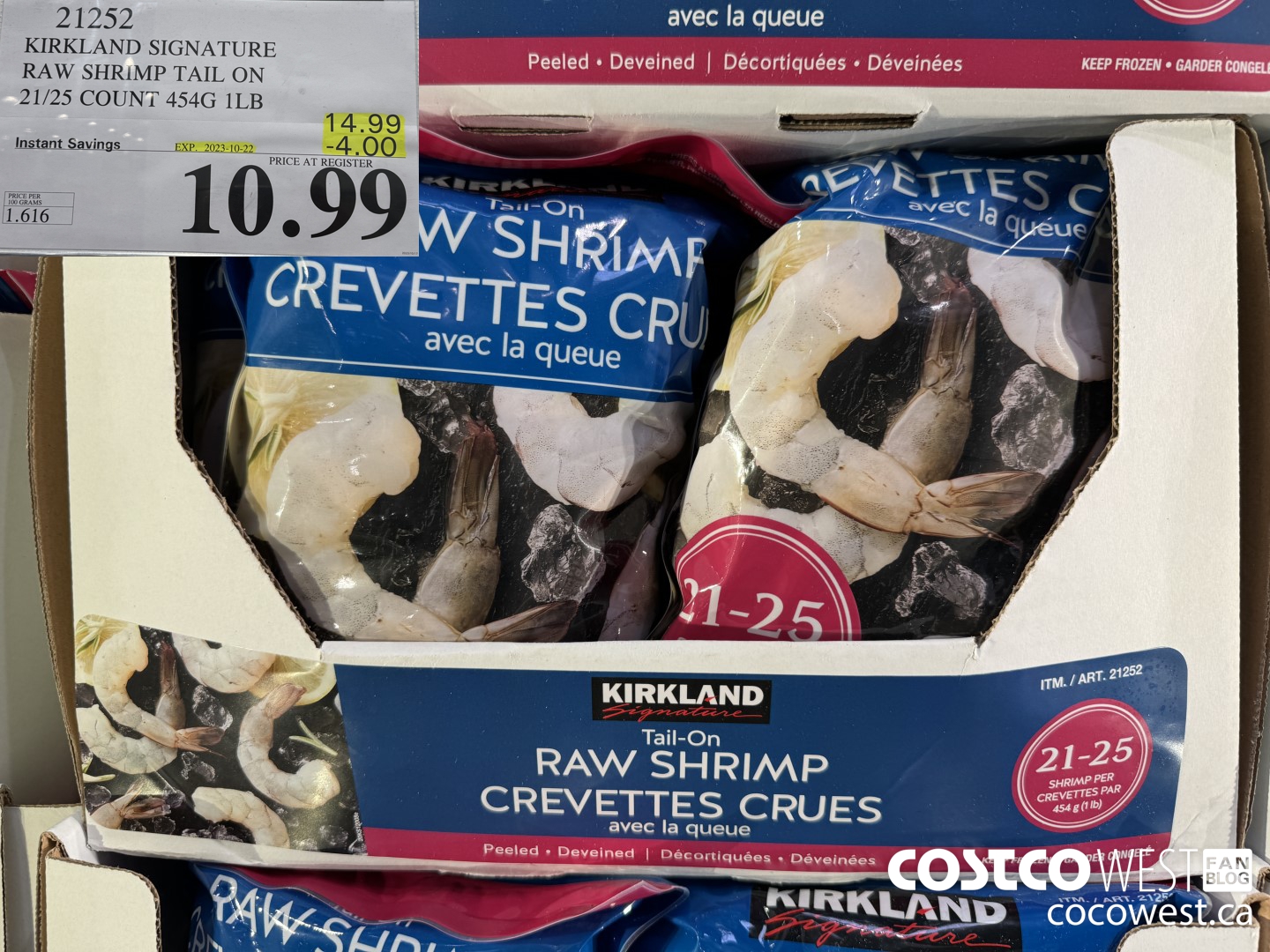 21252 KIRKLAND SIGNATURE RAW SHRIMP TAIL ON 21/25 COUNT 680 g ($4.00 INSTANT SAVINGS EXPIRES ON 2023-10-22) $10.99