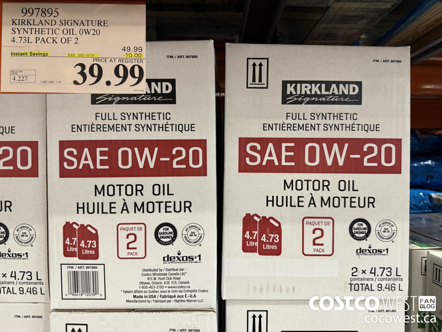 997895 KIRKLAND SIGNATURE SYNTHETIC 0W20 4.73L PACK OF 2 ($10.00 INSTANT SAVINGS EXPIRES ON 2023-10-29) $39.99