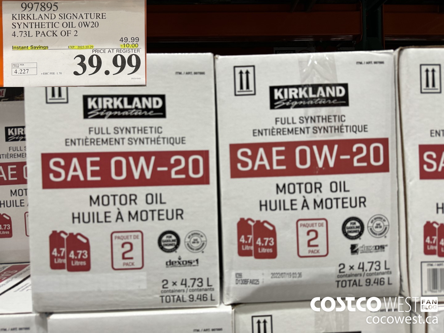 997895 KIRKLAND SIGNATURE SYNTHETIC 0W20 4.73L PACK OF 2 ($10.00 INSTANT SAVINGS EXPIRES ON 2023-10-29) $39.99