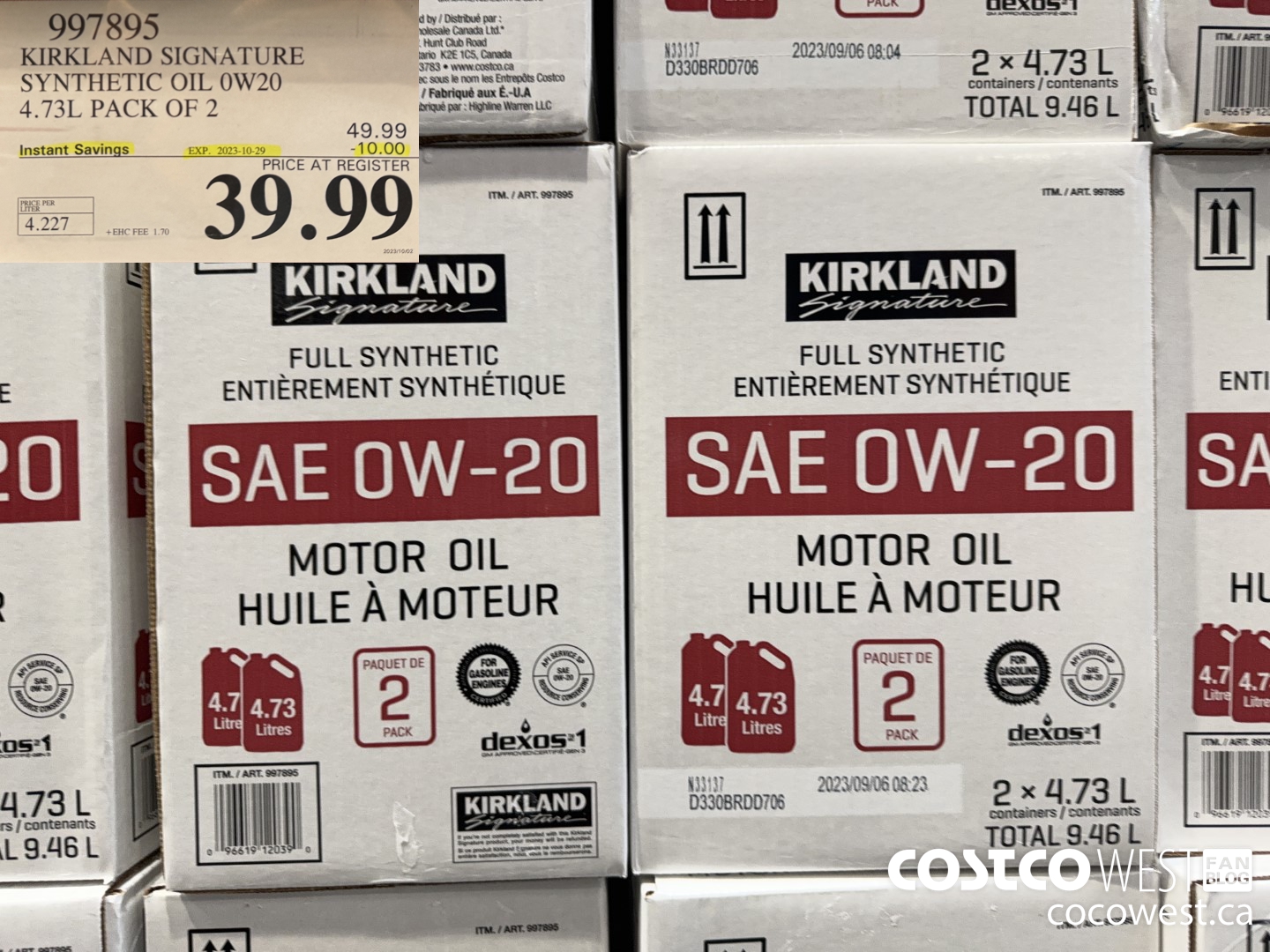 997895 KIRKLAND SIGNATURE SYNTHETIC 0W20 4.73L PACK OF 2 ($10.00 INSTANT SAVINGS EXPIRES ON 2023-10-29) $39.99