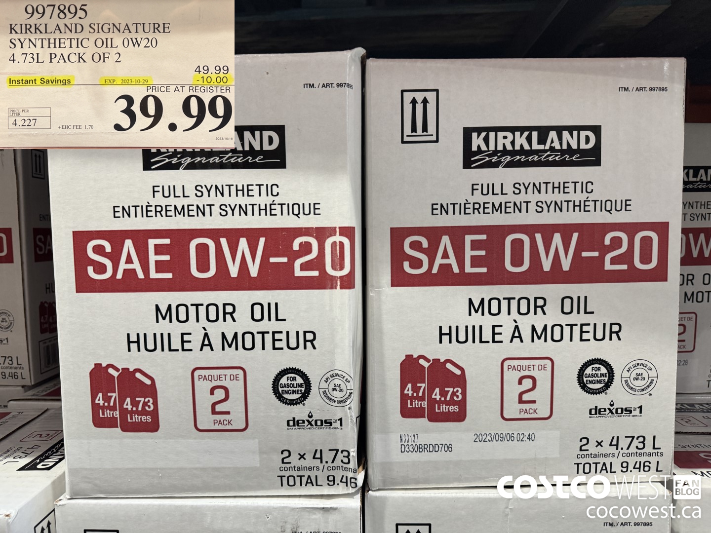 997895 KIRKLAND SIGNATURE SYNTHETIC 0W20 4.73L PACK OF 2 ($10.00 INSTANT SAVINGS EXPIRES ON 2023-10-29) $39.99