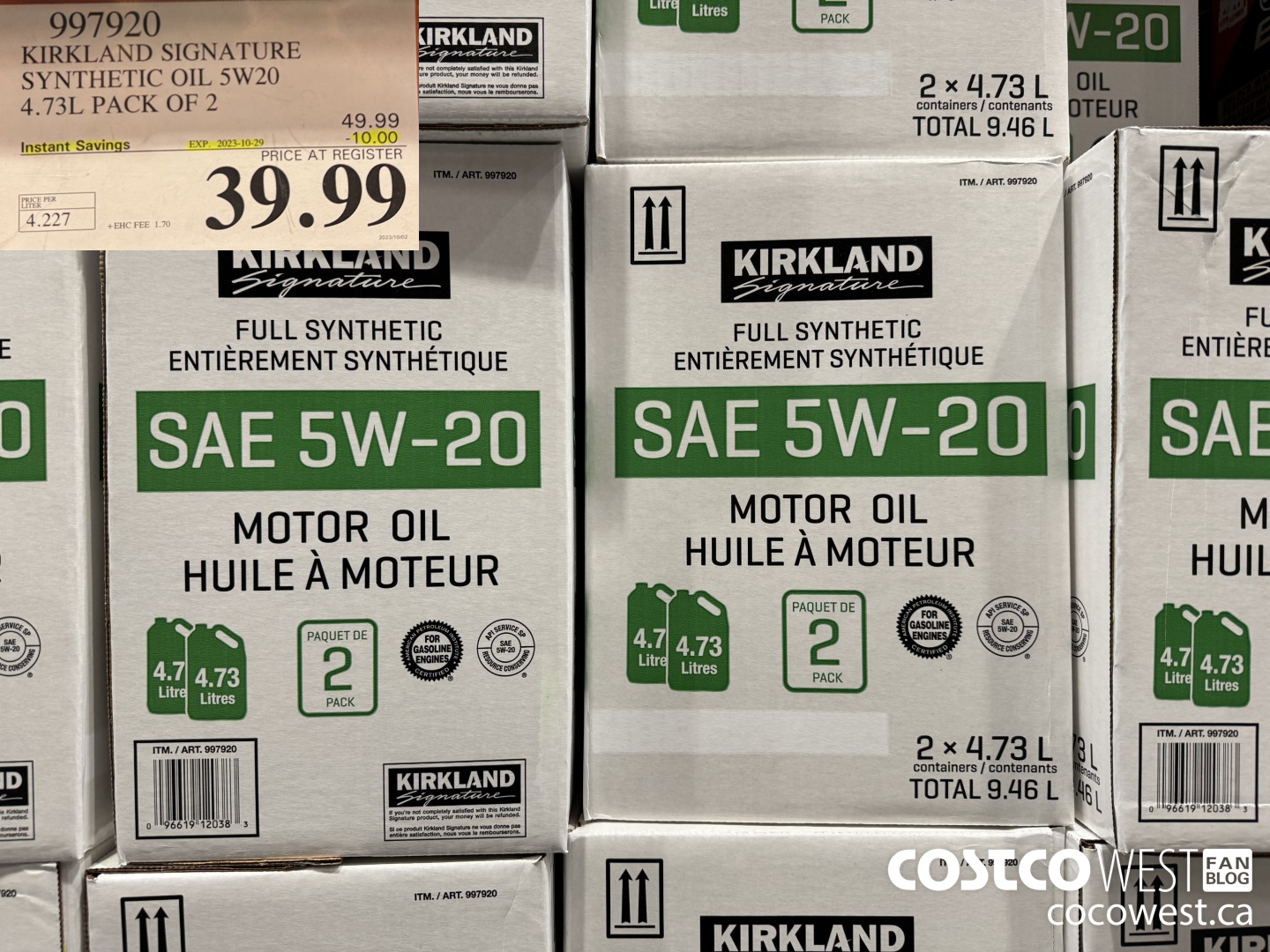 997920 KIRKLAND SIGNATURE SYNTHETIC OIL 5W20 4.73L PACK OF 2 ($10.00 INSTANT SAVINGS EXPIRES ON 2023-10-29) $39.99