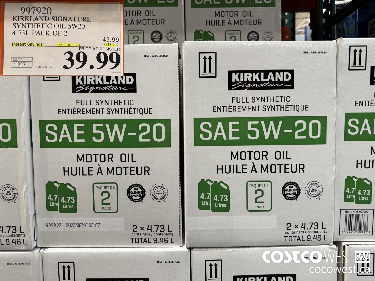 997920 KIRKLAND SIGNATURE SYNTHETIC OIL 5W20 4.73L PACK OF 2 ($10.00 INSTANT SAVINGS EXPIRES ON 2023-10-29) $39.99