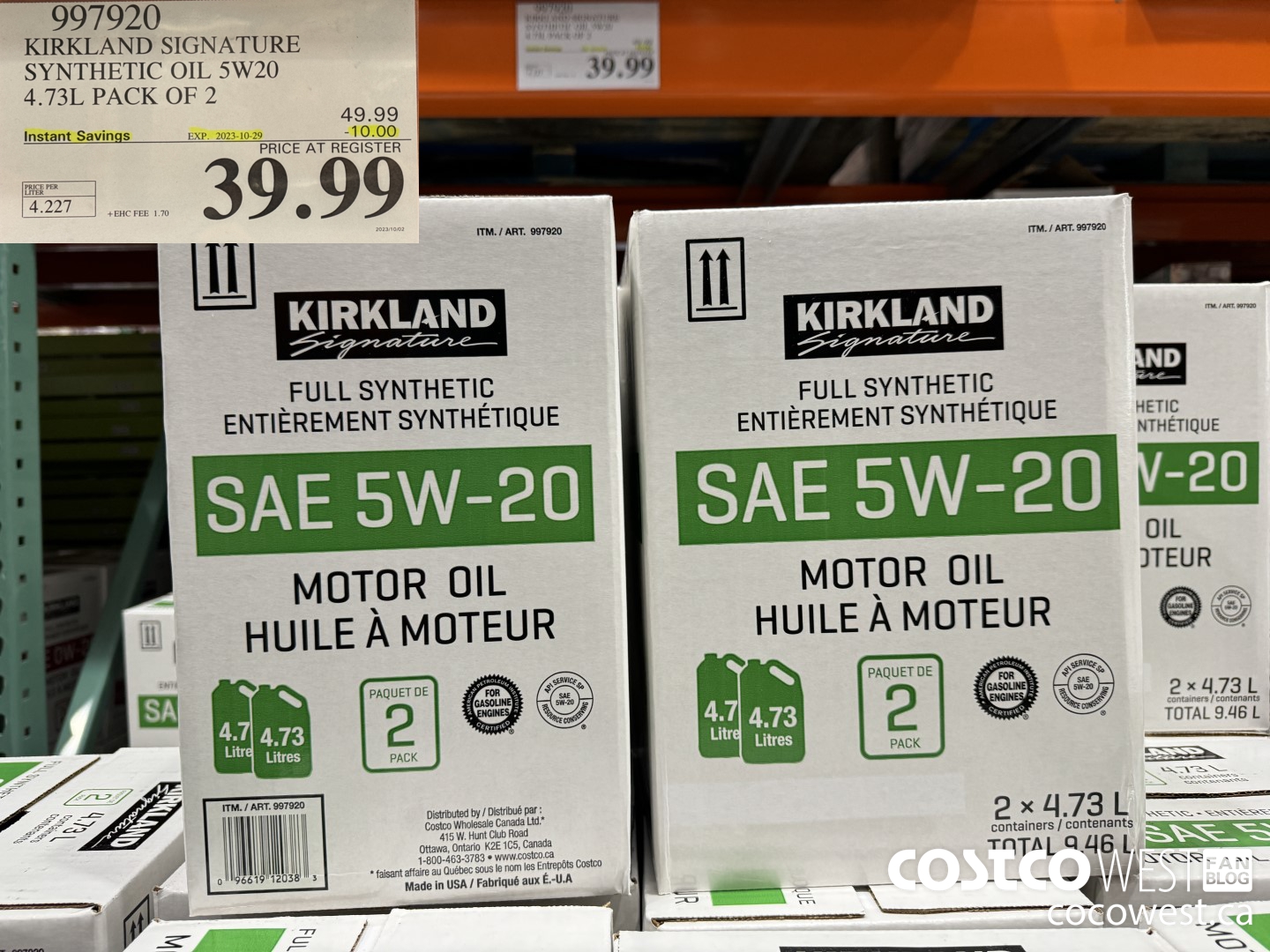 997920 KIRKLAND SIGNATURE SYNTHETIC OIL 5W20 4.73L PACK OF 2 ($10.00 INSTANT SAVINGS EXPIRES ON 2023-10-29) $39.99