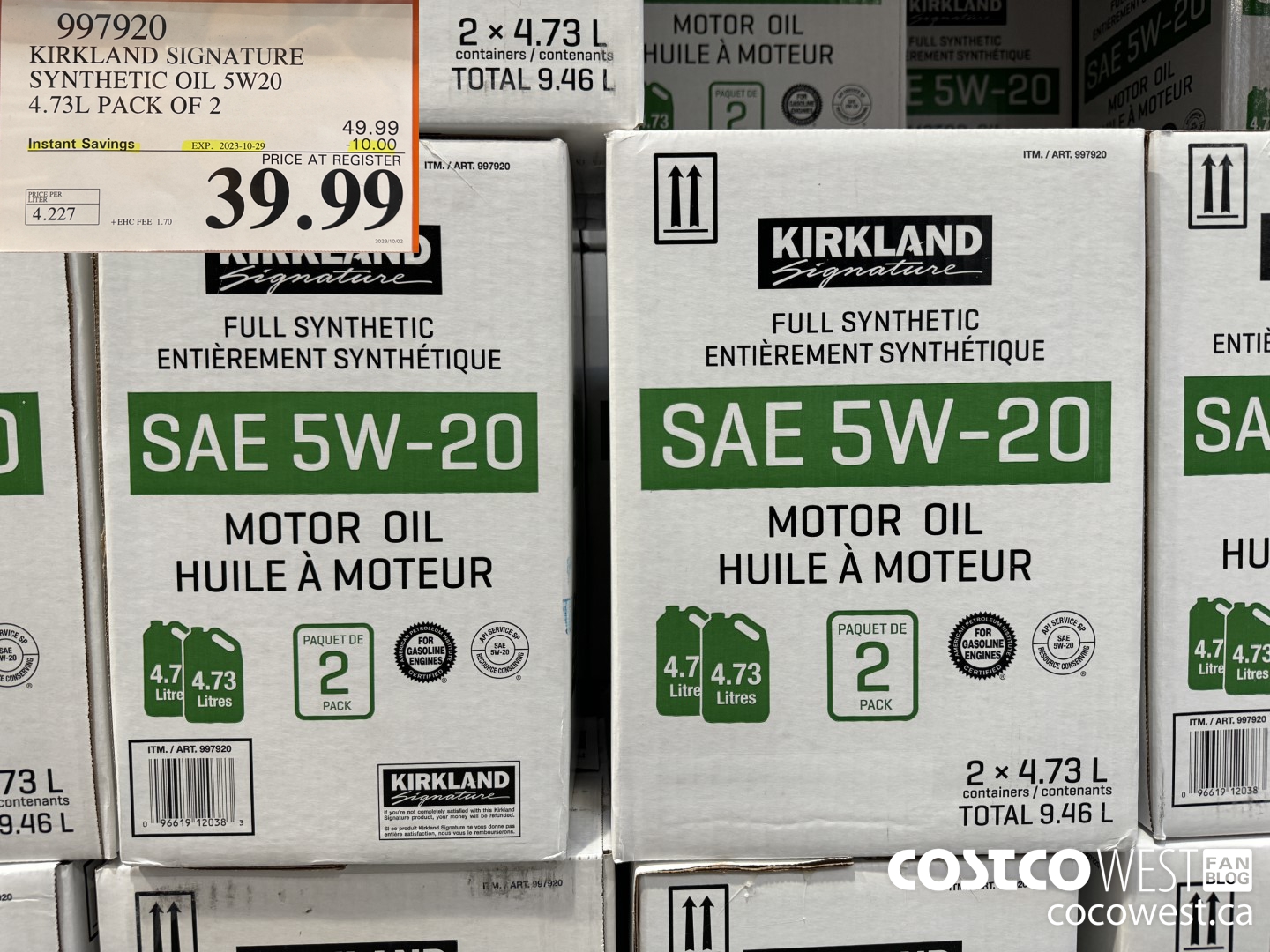 997920 KIRKLAND SIGNATURE SYNTHETIC OIL 5W20 4.73L PACK OF 2 ($10.00 INSTANT SAVINGS EXPIRES ON 2023-10-29) $39.99