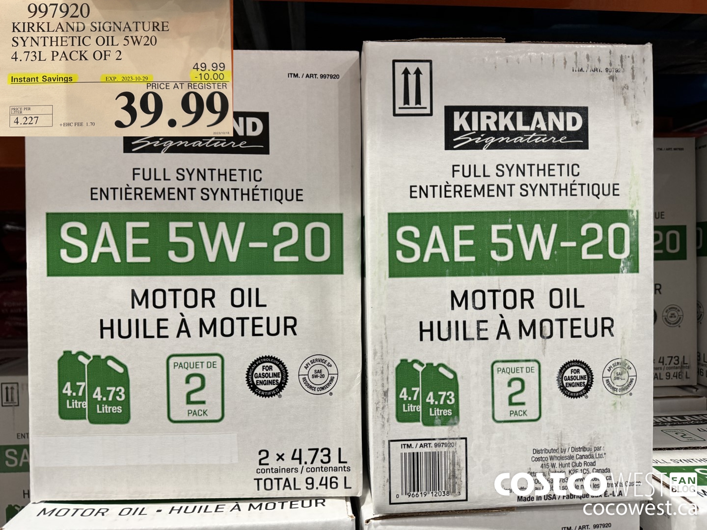 997920 KIRKLAND SIGNATURE SYNTHETIC OIL 5W20 4.73L PACK OF 2 ($10.00 INSTANT SAVINGS EXPIRES ON 2023-10-29) $39.99