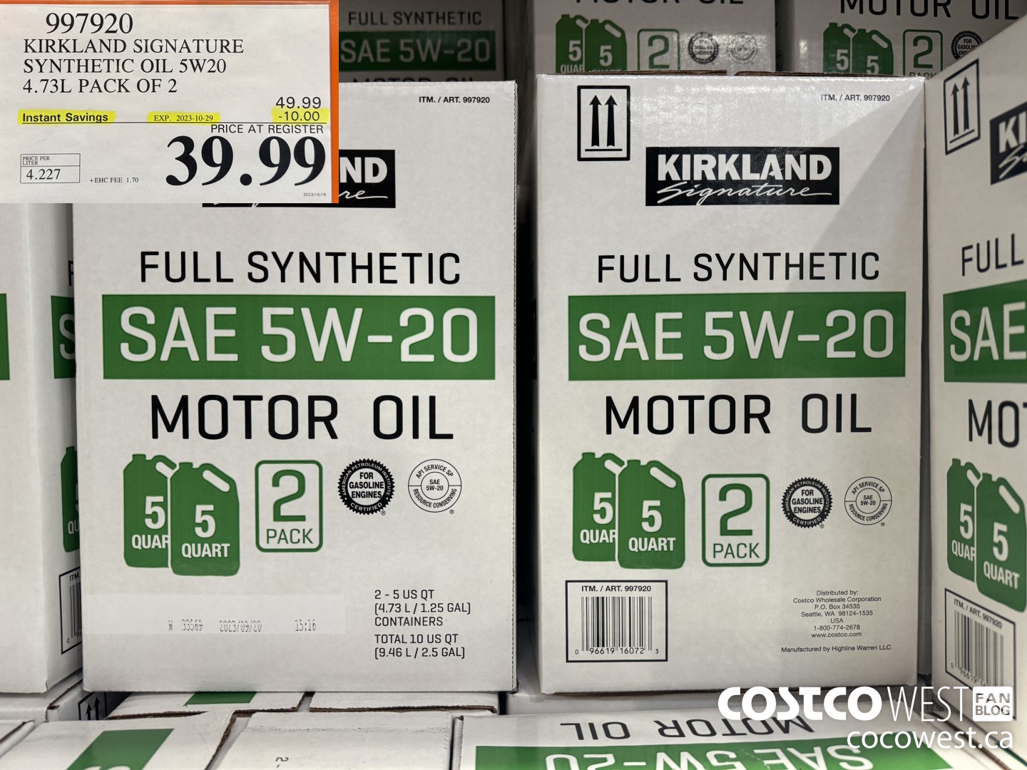 997920 KIRKLAND SIGNATURE SYNTHETIC OIL 5W20 4.73L PACK OF 2 ($10.00 INSTANT SAVINGS EXPIRES ON 2023-10-29) $39.99