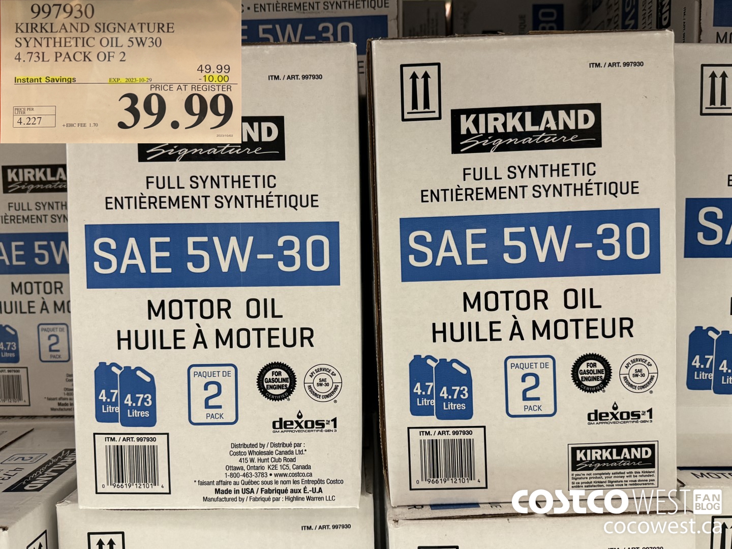 997930 KIRKLAND SIGNATURE SYNTHETIC OIL 5W30 4.73L PACK OF 2 ($10.00 INSTANT SAVINGS EXPIRES ON 2023-10-29) $39.99